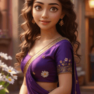 3D cartoon girl in dark violet saree with gold border, curly open hair decorated with flowers, smiling with a side look in front of her house in a flower garden.