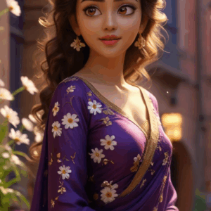 3D cartoon girl wearing dark violet saree with daisy flower prints and gold border, curly open hair, smiling with a side look in front of her house in a flower garden