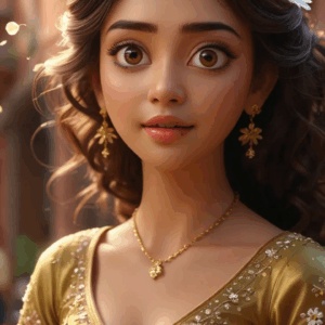 3D cartoon girl wearing an ash and golden dress with flower prints, curly open hair, golden jewelry, and a cute stare, standing on a festive street with decorative lights