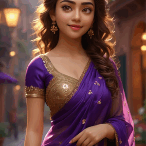 3D cartoon girl wearing a dark violet saree with golden flower prints and gold border, curly open hair, smiling on a festive street with decorative lights.