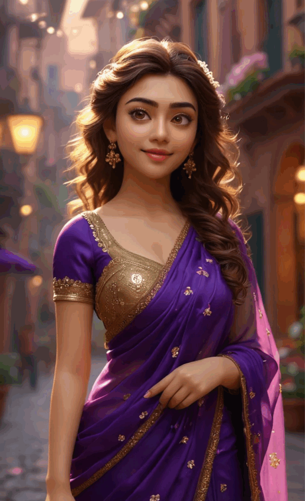 3D cartoon girl wearing a dark violet saree with golden flower prints and gold border, curly open hair, smiling on a festive street with decorative lights.