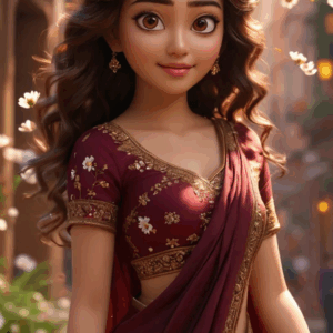 3D cartoon girl wearing a dark maroon saree with golden floral prints and golden-bordered blouse, curly bun hairstyle with head jewelry, golden jewelry, and a cute smiling expression, standing on a street with hanging lights.
