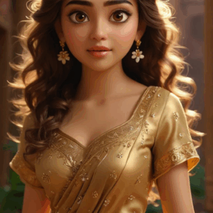 3D cartoon girl wearing an ash and golden dress with flower prints, curly open hair, flower jewelry, and a cute stare, standing on a festival-lit street