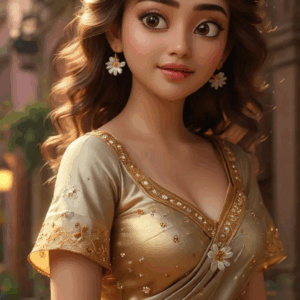 3D cartoon girl wearing an ash and golden dress with flower prints, curly open hair, golden jewelry, and a cute stare, standing on a festive street with decorative lights.