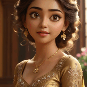 3D cartoon girl wearing a golden dress with flower prints, short curly hair, and golden jewelry, gazing sweetly with a cute stare