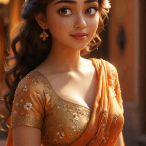 3D cartoon girl wearing an orange saree with a golden blouse featuring flower prints, curly hair with a flower, and golden jewelry, gazing with a cute sideward stare.