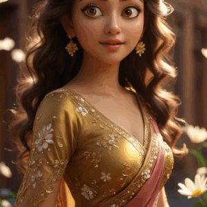 3D cartoon girl in dark pink saree with golden blouse featuring full sleeves and open cuts, floral prints, curly hair with head jewelry, golden accessories, and a cute side smile, standing on a street with flower plants.