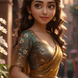3D cartoon girl wearing a light blue dress with flower prints, golden dupatta, curly wavy side hair with head jewelry, golden jewelry, and a side smile, standing on a floral street.