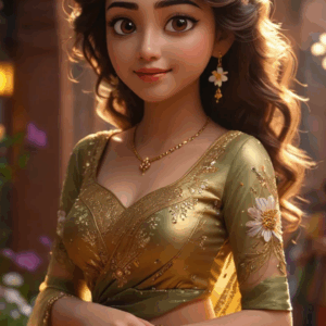 3D cartoon girl wearing a light green skirt and golden top with floral prints and a golden dupatta, curly wavy hair with head jewelry, golden jewelry, and a cute smile, standing on a flower-filled street