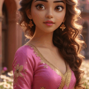 3D cartoon girl wearing a pink saree with golden border and floral print blouse, curly wavy side hair, golden jewelry, and a side face cute smile, standing at a street with flower plants.
