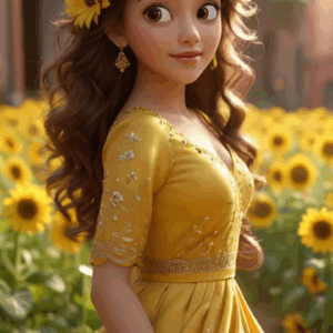 3D cartoon girl wearing a yellow dress with curly wavy hair, a flower on her head, golden jewelry, and a side-looking cute smile, standing in a flower garden.