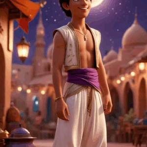 3D cartoon boy wearing a white dhoti and sleeveless top, stylish hair, smiling gently while staring at the sky in the moonlight, standing on a quiet street.