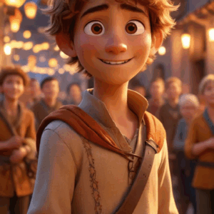 3D cartoon boy with folded hands wearing white shirt and brown pants looking at lanterns at a festival street light scene