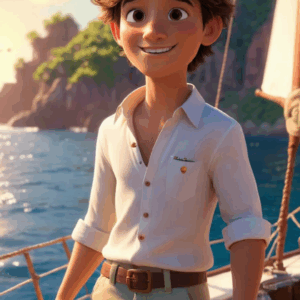 3D cartoon boy wearing white shirt and ash pants standing with folded hands on a sailing boat at the beach