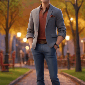 3D cartoon boy wearing red t-shirt, ash coat, and folded blue jeans standing near park reetlights with a confident expression