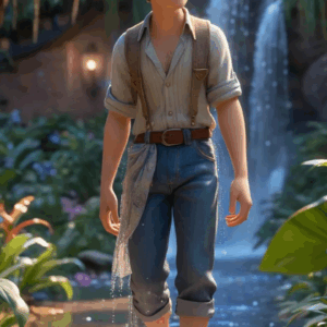3D cartoon boy wearing an ash-colored shirt and folded blue jeans standing with folded hands at mountain waterfall