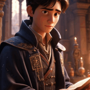 3D cartoon boy wearing a black sorcerer’s dress with stylish hair, staring at a spellbook, standing in a dimly lit magical room