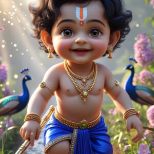3D cartoon Little Krishna wearing electric dark blue dhoti, golden jewellery, and peacock feather, holding brown flute in field