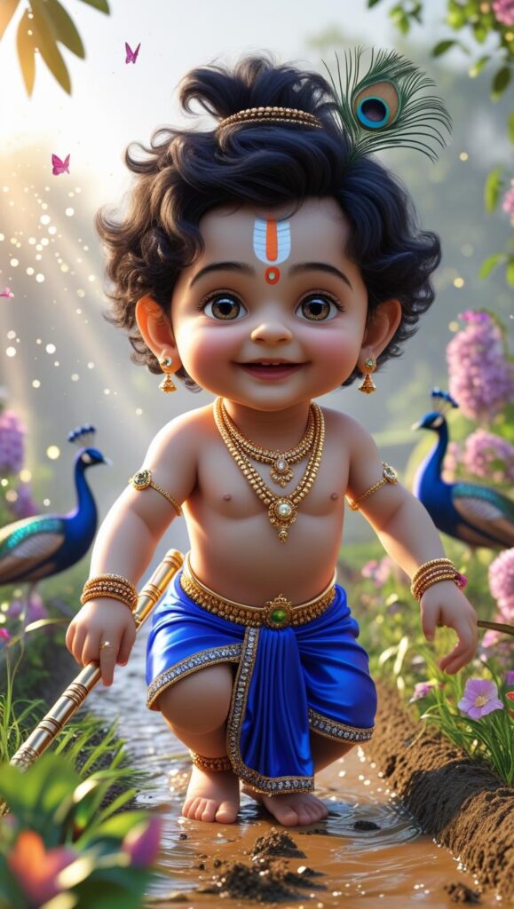 3D cartoon Little Krishna wearing electric dark blue dhoti, golden jewellery, and peacock feather, holding brown flute in field