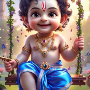 3D cartoon Little Krishna in electric dark blue dhoti, golden jewellery, and peacock feather, holding brown flute, sitting on swing decorated with flowers and vines