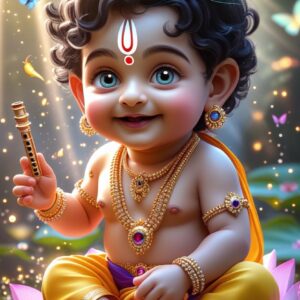 3D cartoon Little Krishna wearing yellow dhoti, golden jewellery, and peacock feather, sitting on big pink lotus flower with a smile