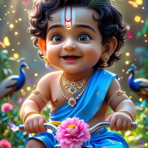 3D cartoon Little Krishna in electric dark blue dhoti, golden jewellery, and peacock feather sitting on scooter decorated with flowers